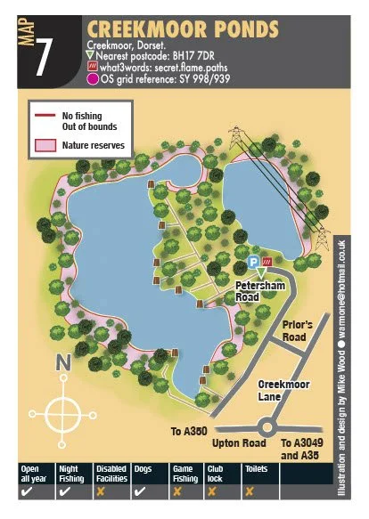 Map of Creekmoor Ponds in Creemoor, Dorset, showing two ponds with surrounding paths and greenery. Locations include Petersham Road, Prior's Road, Creekmoor Lane, and Upton Road. The map indicates no fishing, out of bounds areas, and nature reserves, with icons for amenities like parking