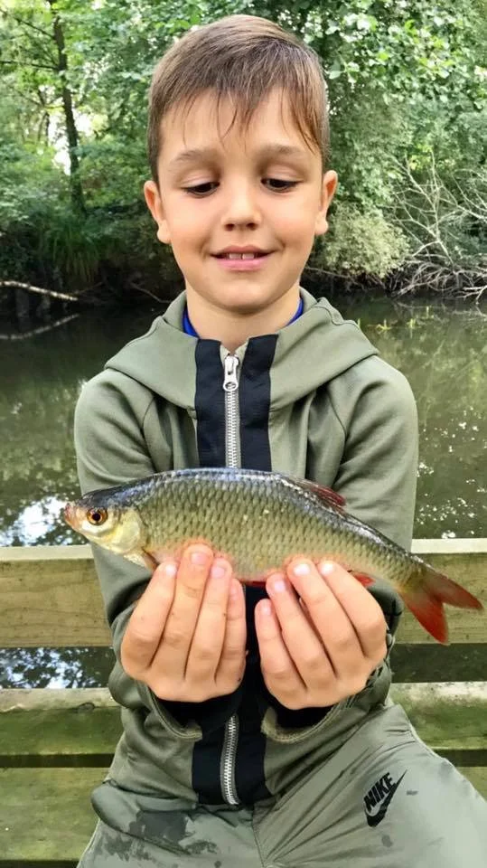 A young boy holding a fish he caught, standing on a wooden dock near a river surrounded by green trees.