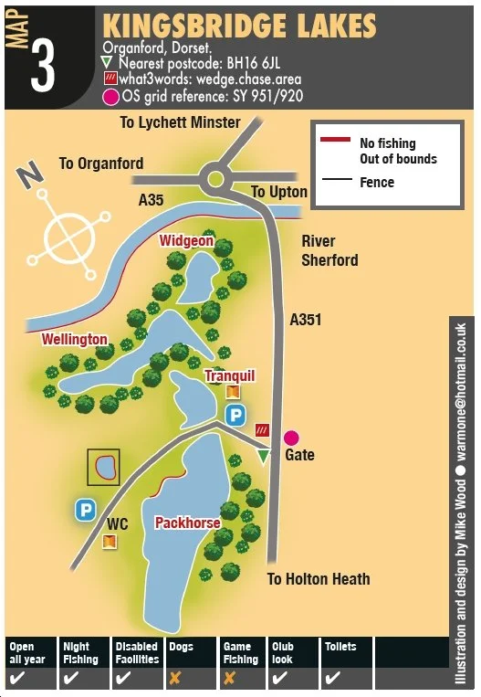 Map of Kingsbridge Lakes in Organford, Dorset, highlighting fishing zones, pathways, parking areas, and facilities, with routes to Lychett Minster, Upport, and Holton Heath.