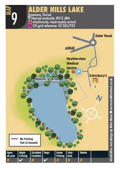 Map of Alder Hills Lake in Rossmore, Dorset, showing the lake, nature reserve, nearby roads, and facilities including parking