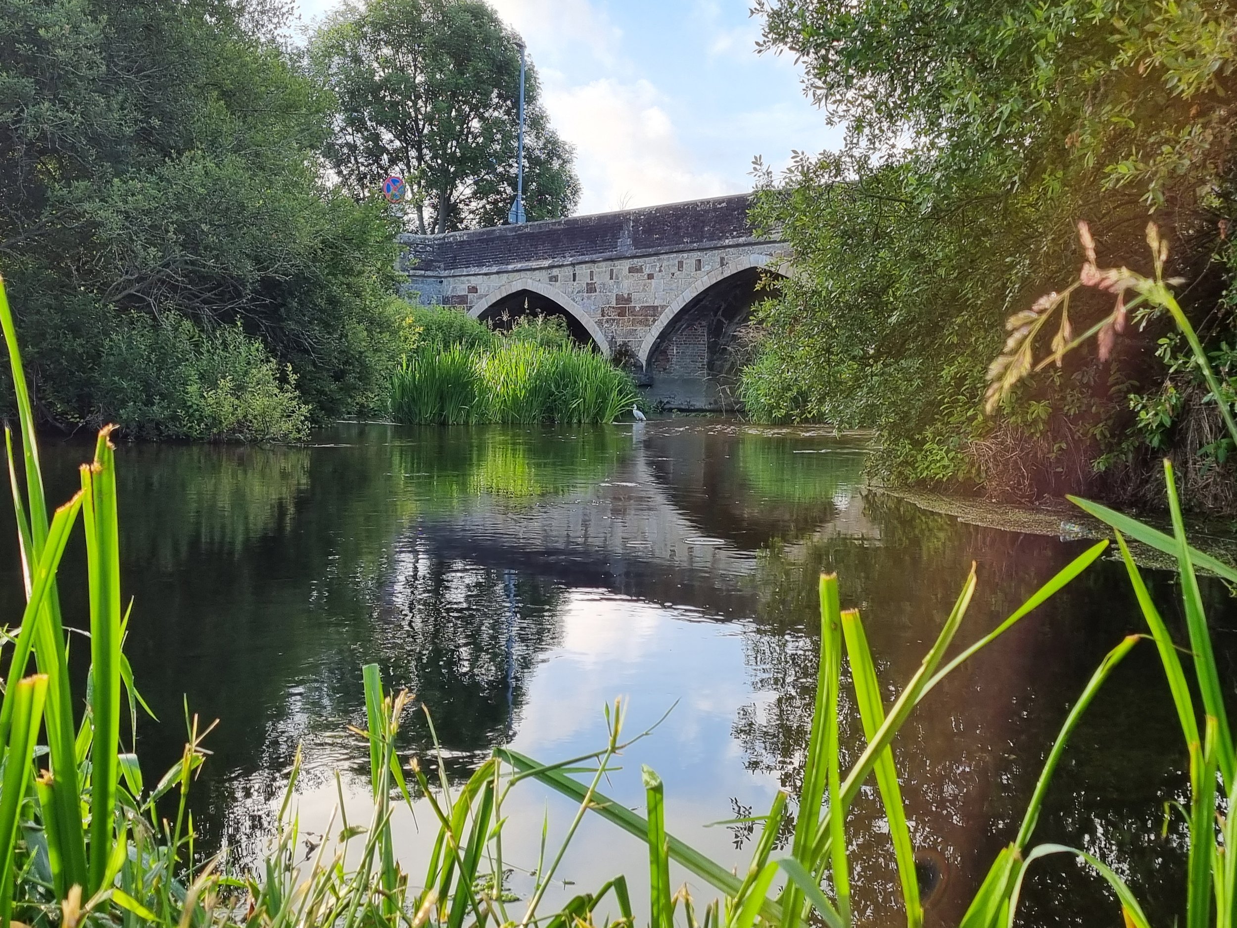 A stone bridge over a calm river, surrounded by green foliage, with a heron standing in the water.