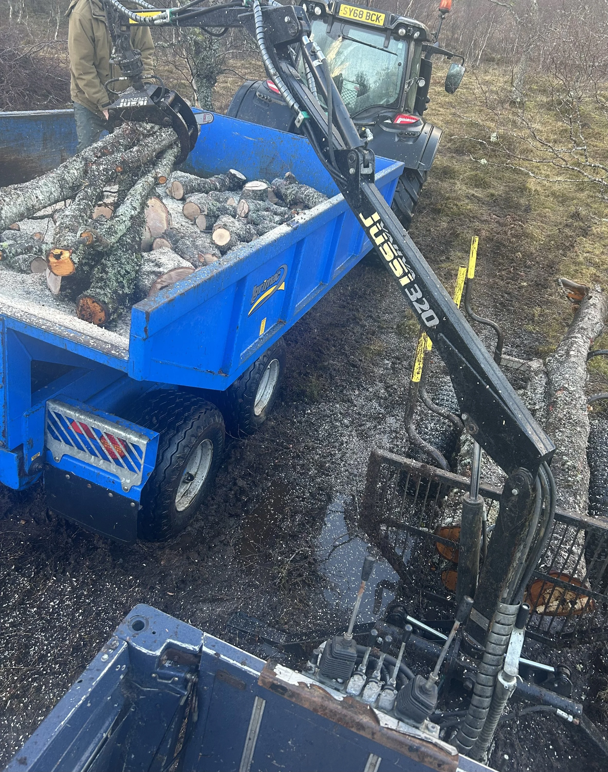 A small blue utility tractor with a loader attached, lifting logs into a blue trailer, on muddy ground with scattered logs and branches. Local Tree Surgery Aviemore CairnWood Tree Solutions. 