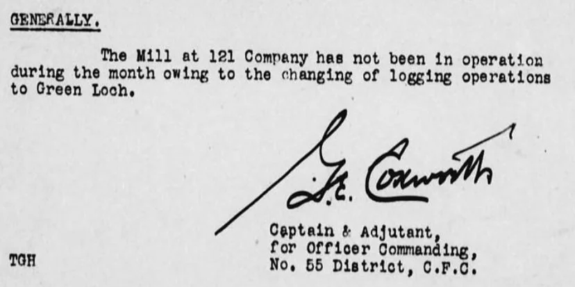 Typed document stating that the mill at 121 Company has not been in operation during the month due to logging operations at Green Loch. It is signed by Captain L. E. Coughlin, with his title and address included.