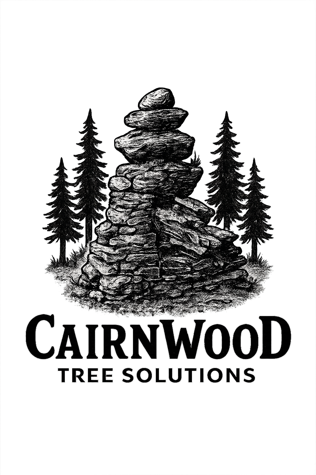 A black and white drawing of a stacked pile of rocks in front of pine trees with the text 'Cairnwood Tree Solutions' below.