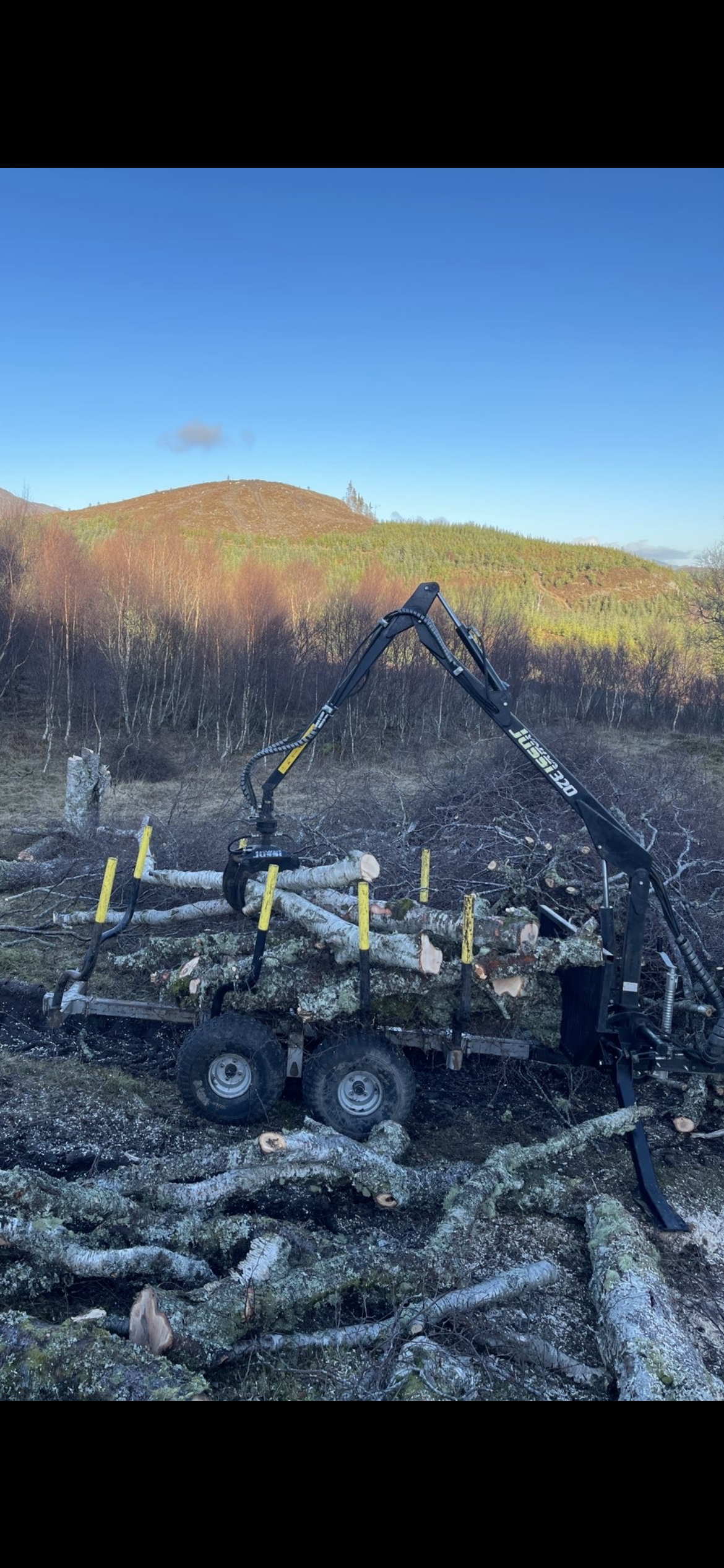 A logging machine harvesting logs in a landscape with hills and trees. Wood for sale Inverness. 