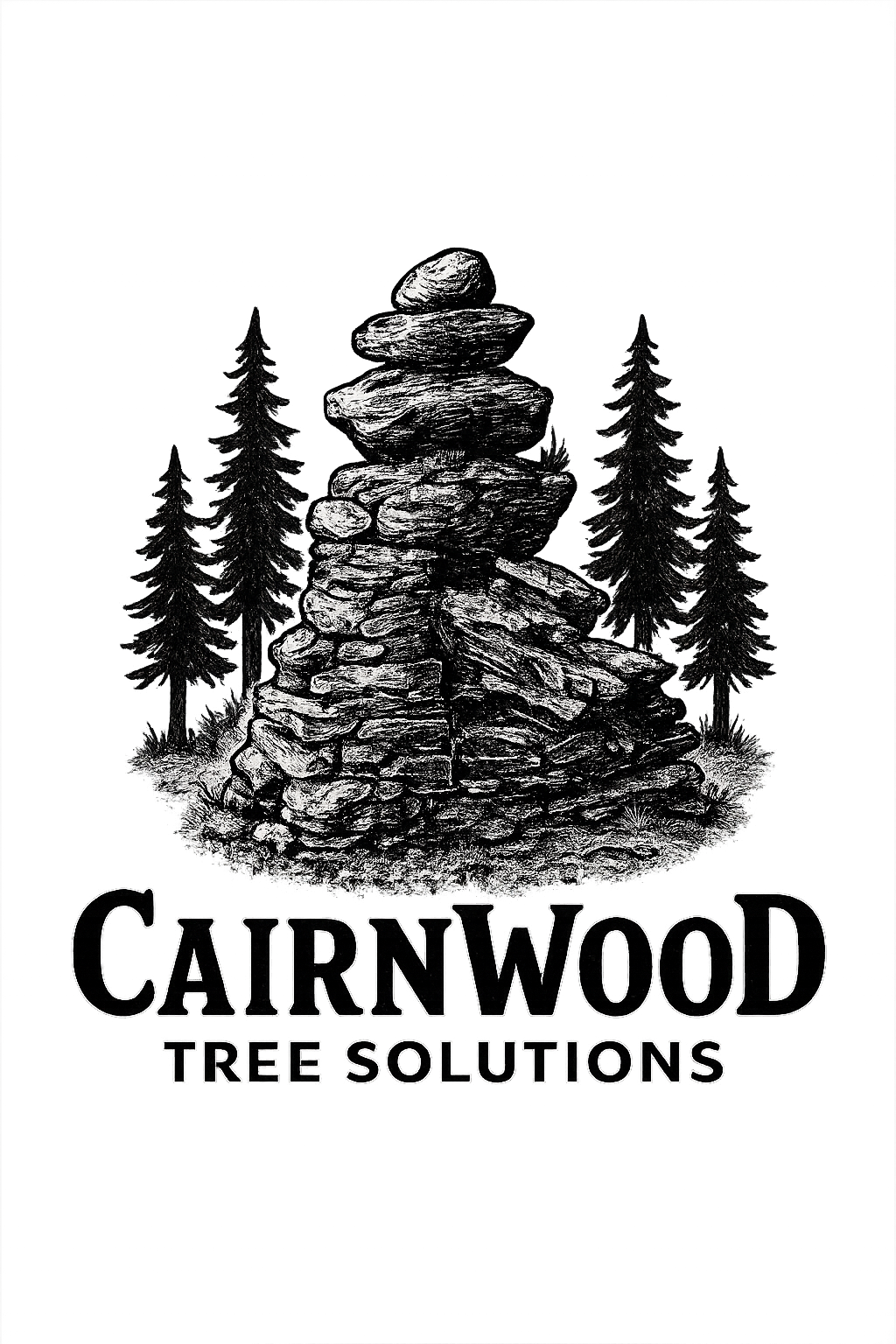 Black and white illustration of stacked rocks with evergreen trees in the background and the words 'Cairn Wood Tree Solutions' at the bottom. Local Tree Cutting Services Aviemore.