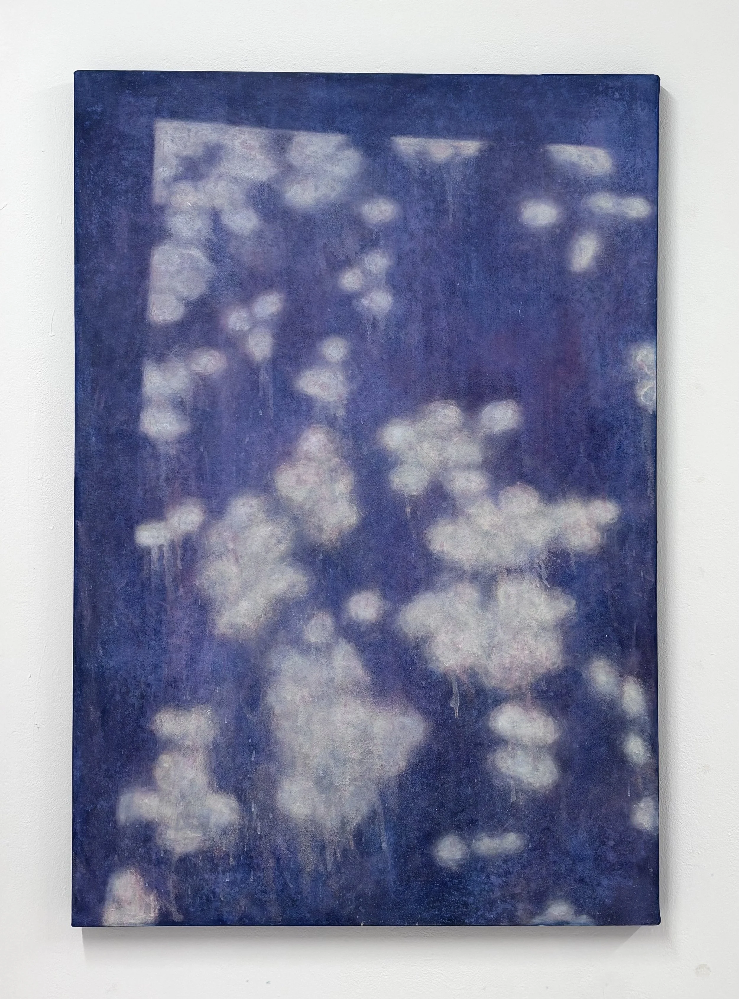 Abstract painting with white, cloudy shapes on a dark blue background.
