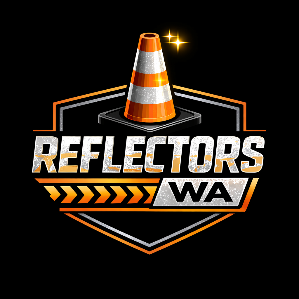 A logo with an orange and white construction cone above the word 'REFLECTORS' in distressed white text. Below, a black banner with 'WA' in bold black font is displayed. The logo is outlined with black, orange, and white lines, with decorative orange chevron arrows beneath the text on a black background.