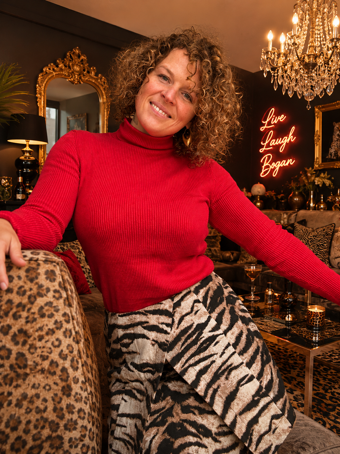 A woman with curly hair in a red turtleneck sweater and animal print pants sitting on a leopard print couch in a decorated room with a chandelier.  An international companion, muse, and guide in sensuality and intimacy. Available worldwide.