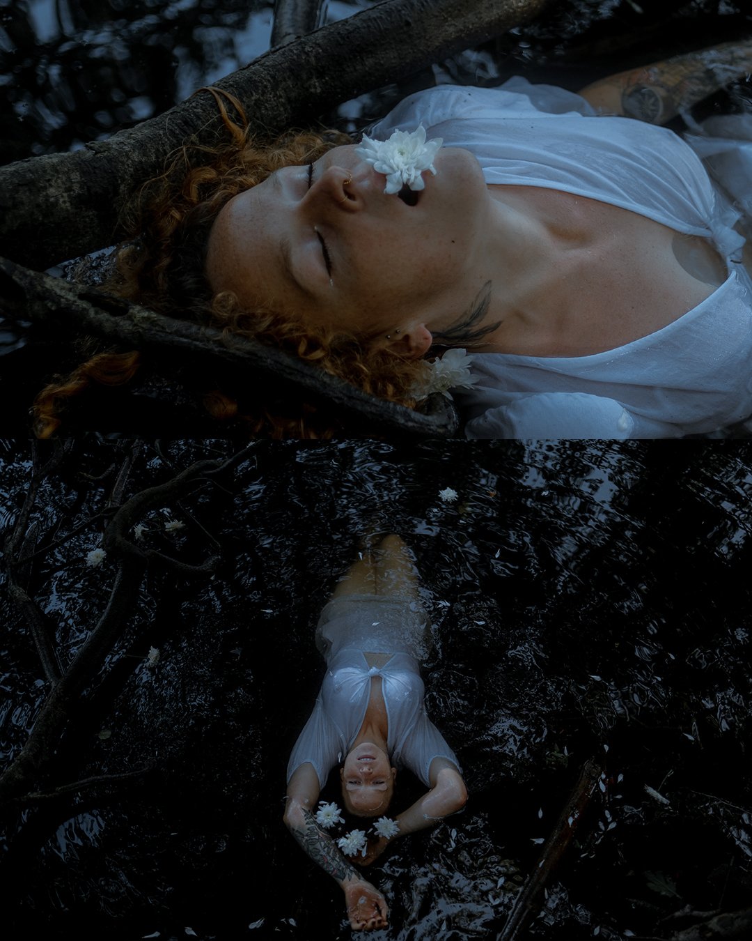 A woman with curly red hair, lying on her back in a shallow dark water body, surrounded by tree branches. She is wearing a white dresss.   An international companion, muse, and guide in sensuality and intimacy. Available worldwide.