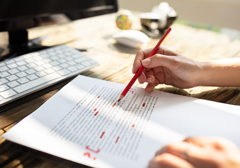 Hand holding a red pen and editing a printed document on a wooden desk, with a keyboard, mouse, and small objects in the background.