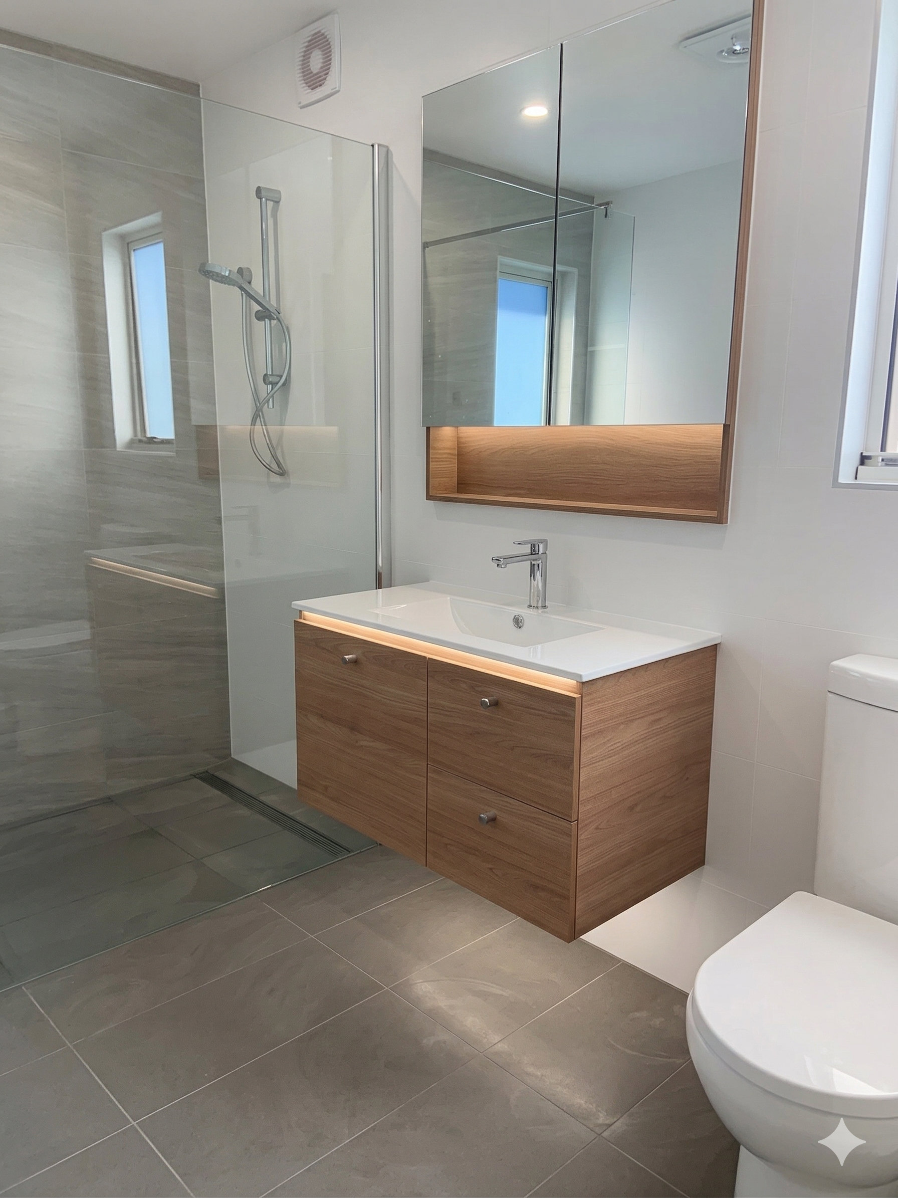 A modern bathroom with a walk-in shower with a glass partition, a white vanity with a wooden cabinet, a large mirror, and a white toilet. The room has gray floor tiles and a window with natural light.