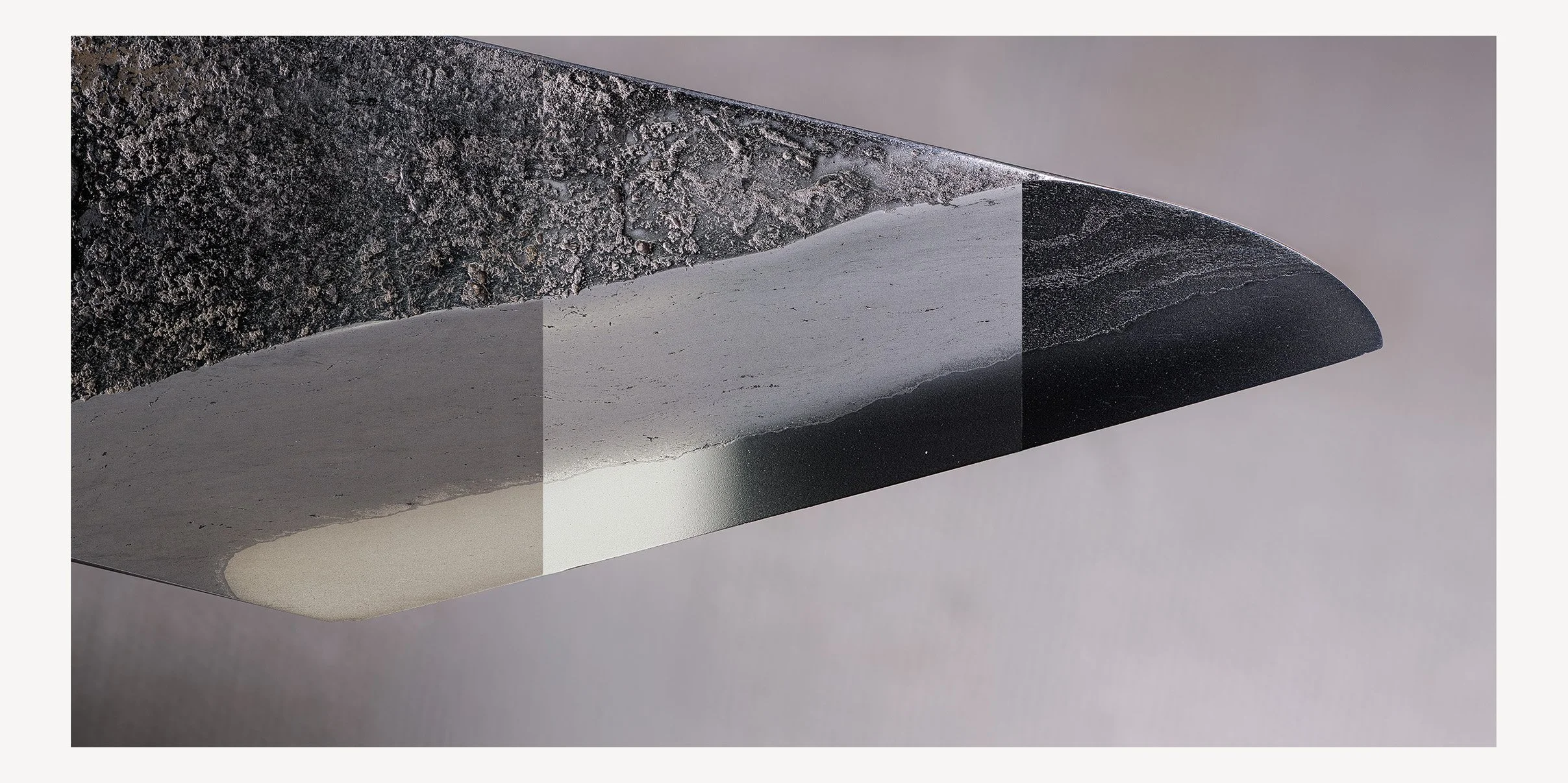 Bench stone, finger stones and KREAM — the three stages of a kasumi finish on one blade