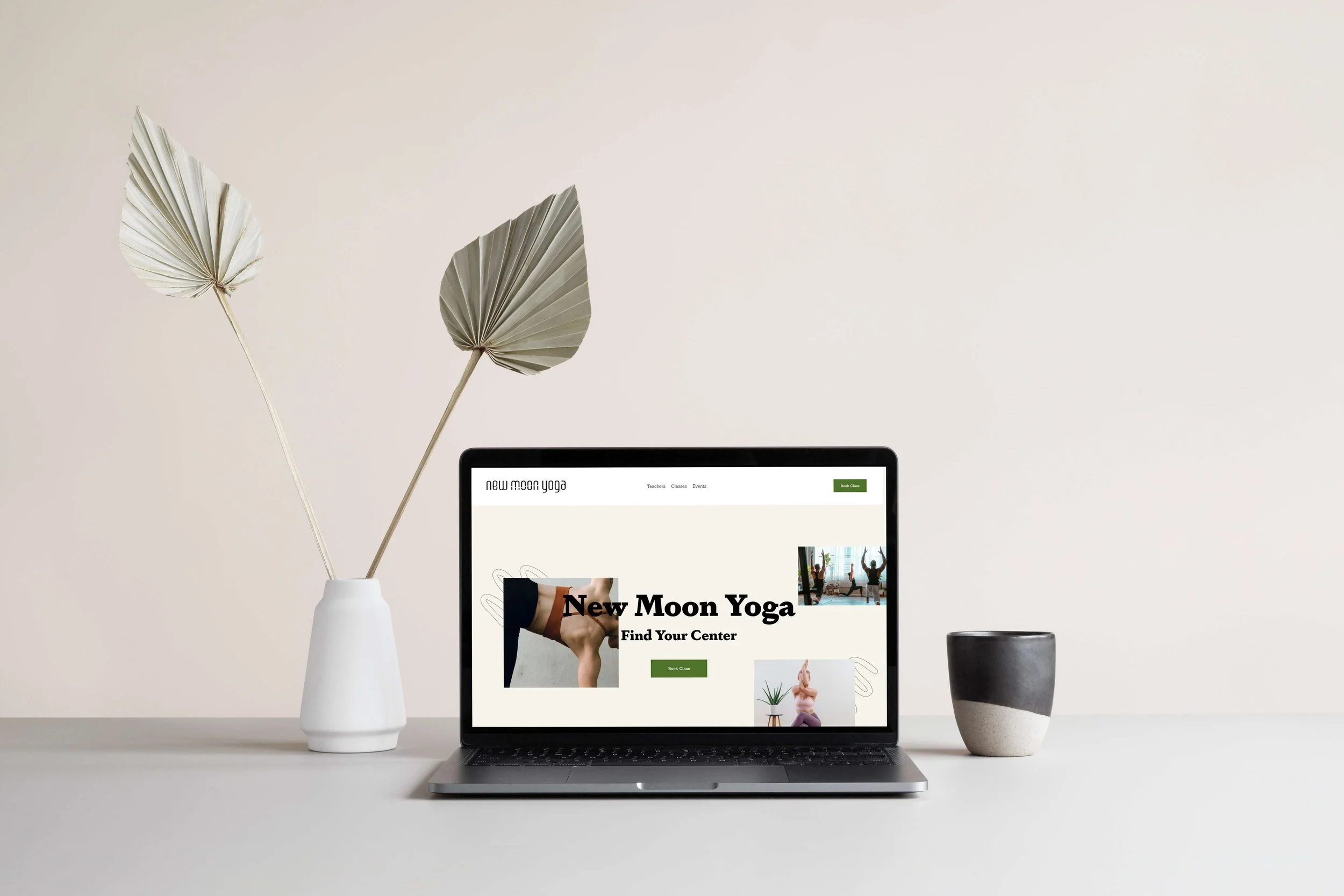 Website design for a yoga studio featuring calming colors and images of yoga poses