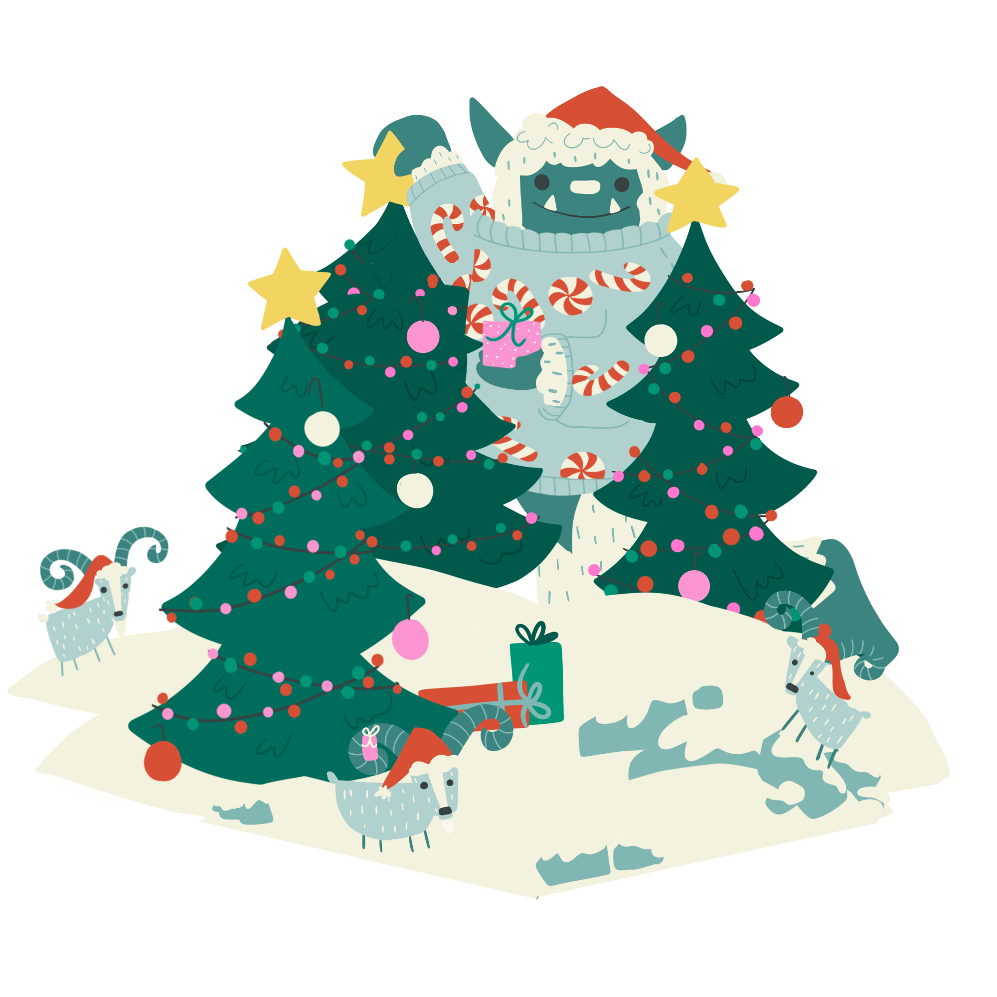 christmas yeti with goats