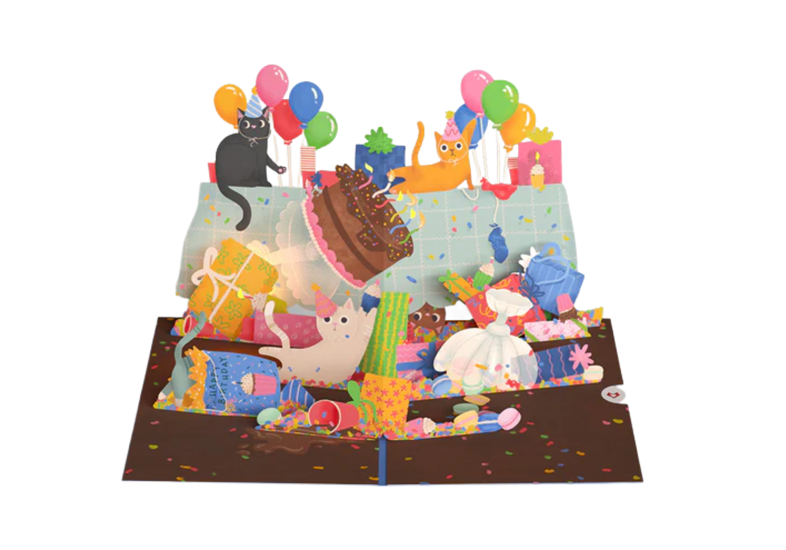 Colorful birthday cake with cats, balloons, presents, and party decorations.