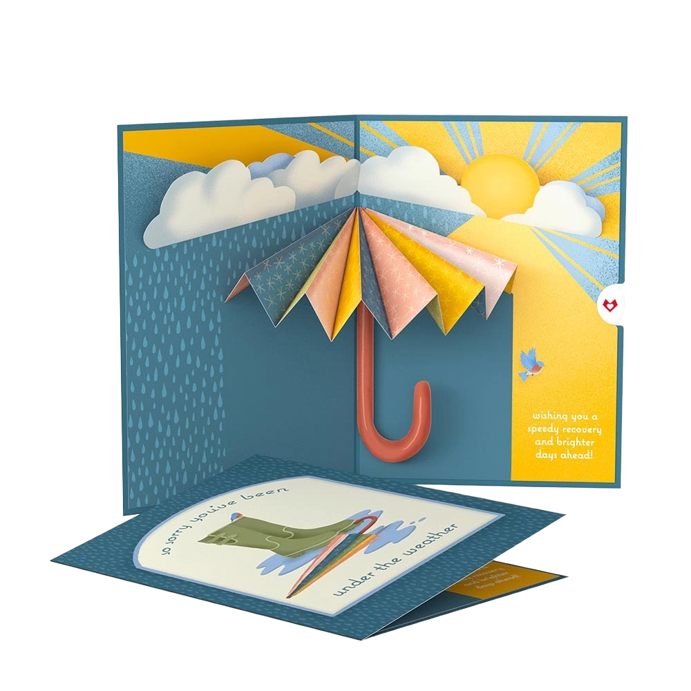 A colorful greeting card featuring weather elements, with paper clouds, raindrops, a bright sun, a rainbow umbrella, and a small bird. The inside of the card displays a depiction of rain and a message for recovery and brighter days.
