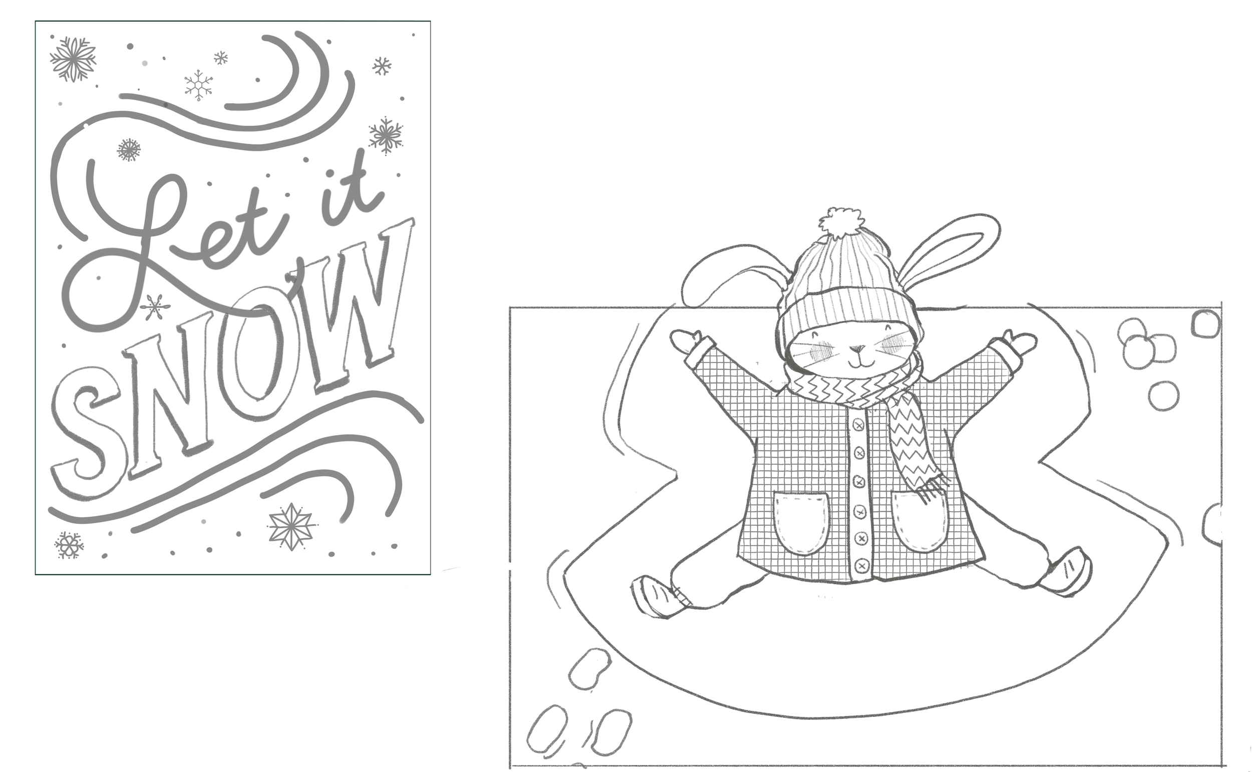 Black-and-white holiday coloring page with a cheerful cat wearing a winter hat and coat, lying on a snowflake-shaped patch, and a separate illustration of the phrase 'Let it Snow' decorated with snowflakes and swirls.