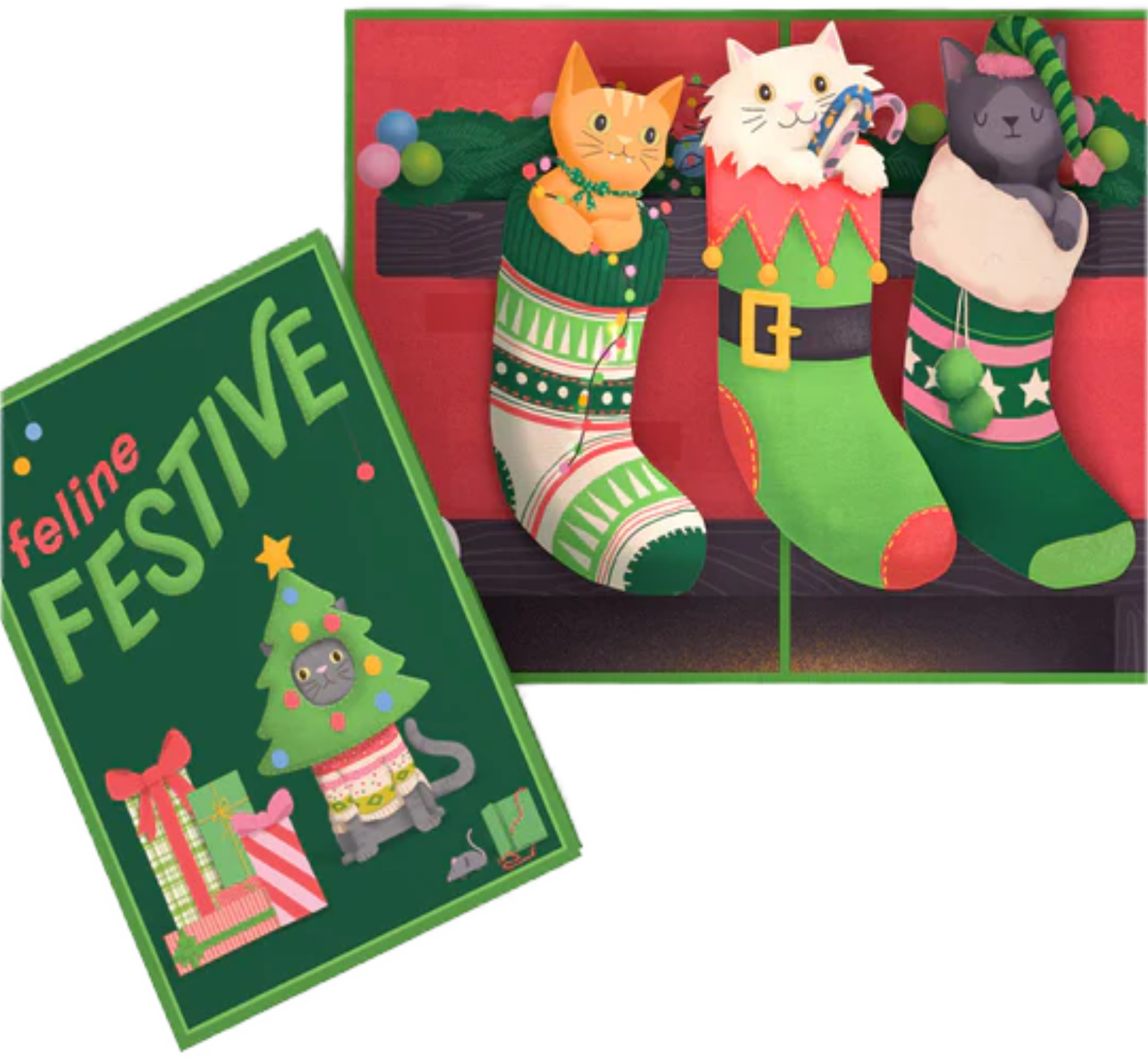 Colorful Christmas stockings hanging on a fireplace, decorated for a felines-themed Christmas festival, with a festive card showing a cat dressed as a Christmas tree and presents.