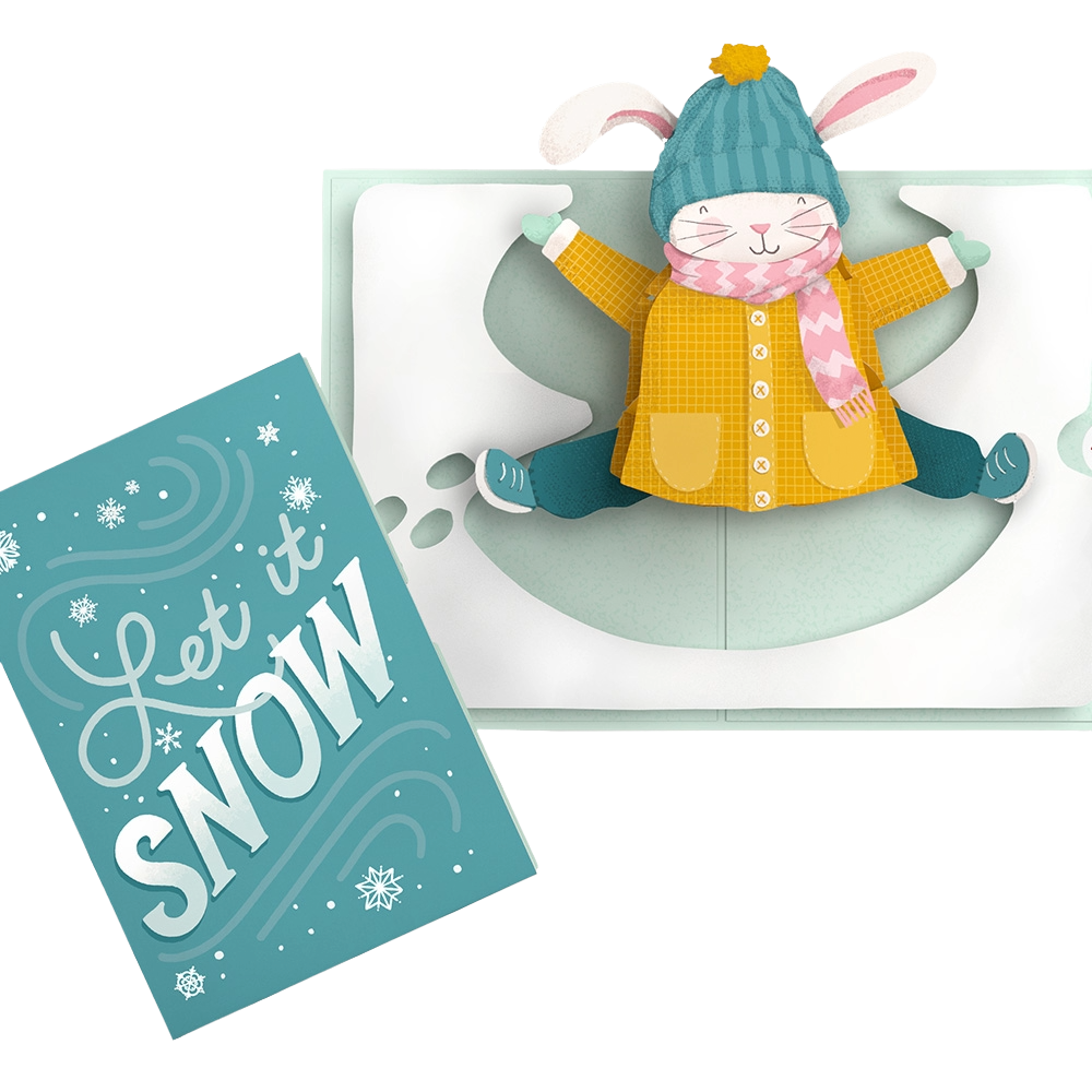 A cute stuffed bunny wearing a yellow coat, teal hat, and pink scarf, sitting inside a snow globe. There is a blue sign that says "Let it Snow" on the left side of the image.