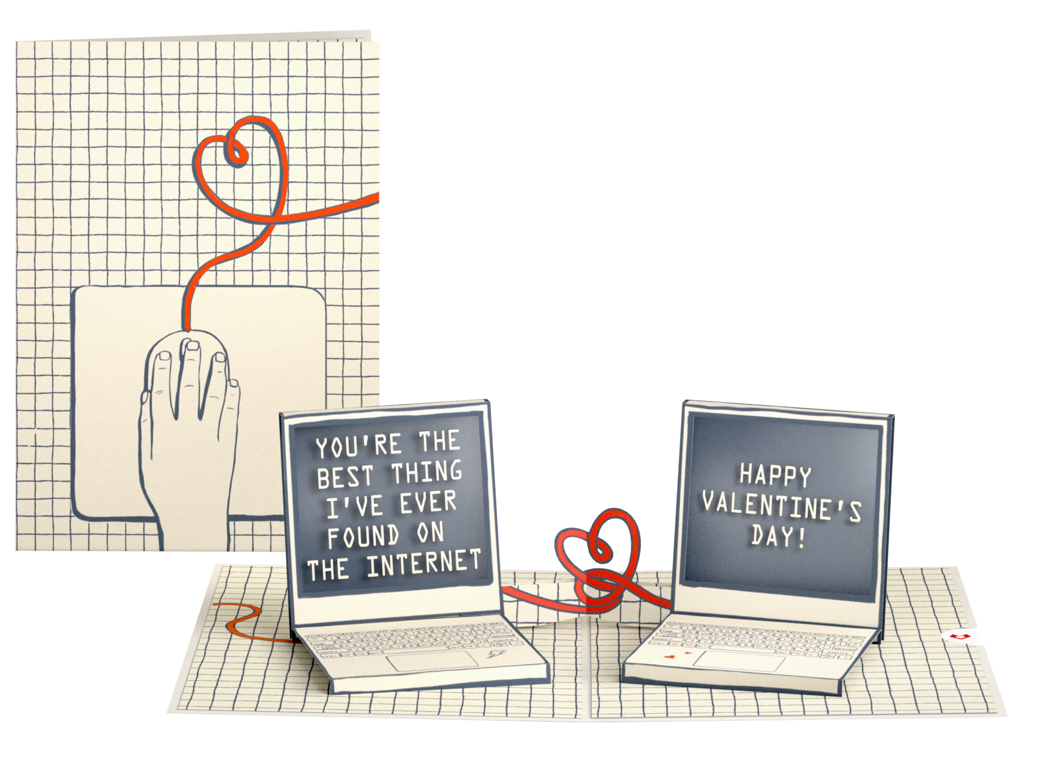 Illustration of two open laptops connected by a red cord, with messages on their screens reading 'You're the best thing I've ever found on the internet' and 'Happy Valentine's Day!'; background includes a hand-drawn style grid.