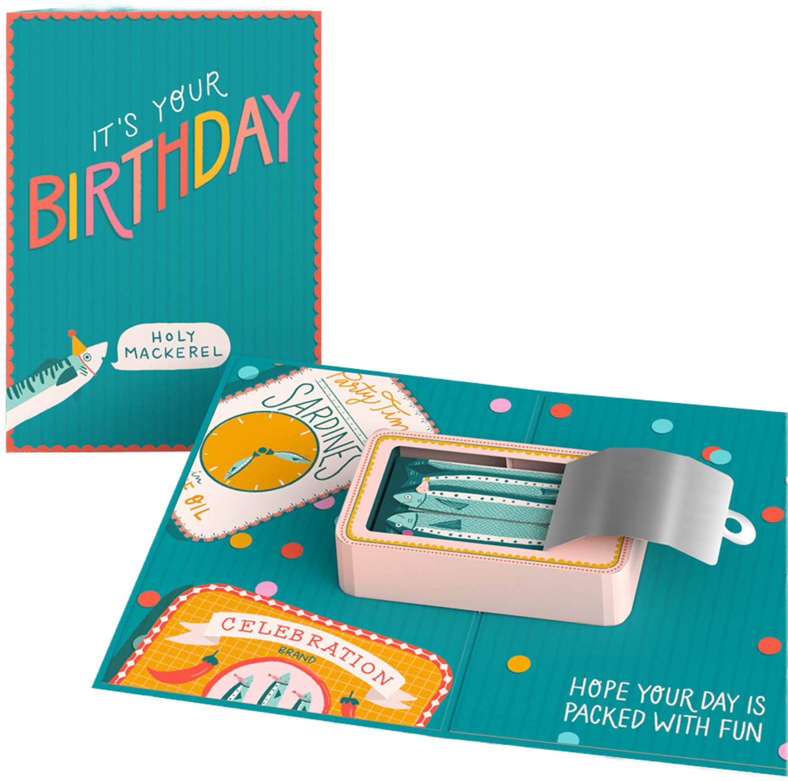 Colorful birthday card with confetti, featuring a fish with a party hat and a speech bubble reading 'Holy Mackerel', and an allergy alert for shellfish.