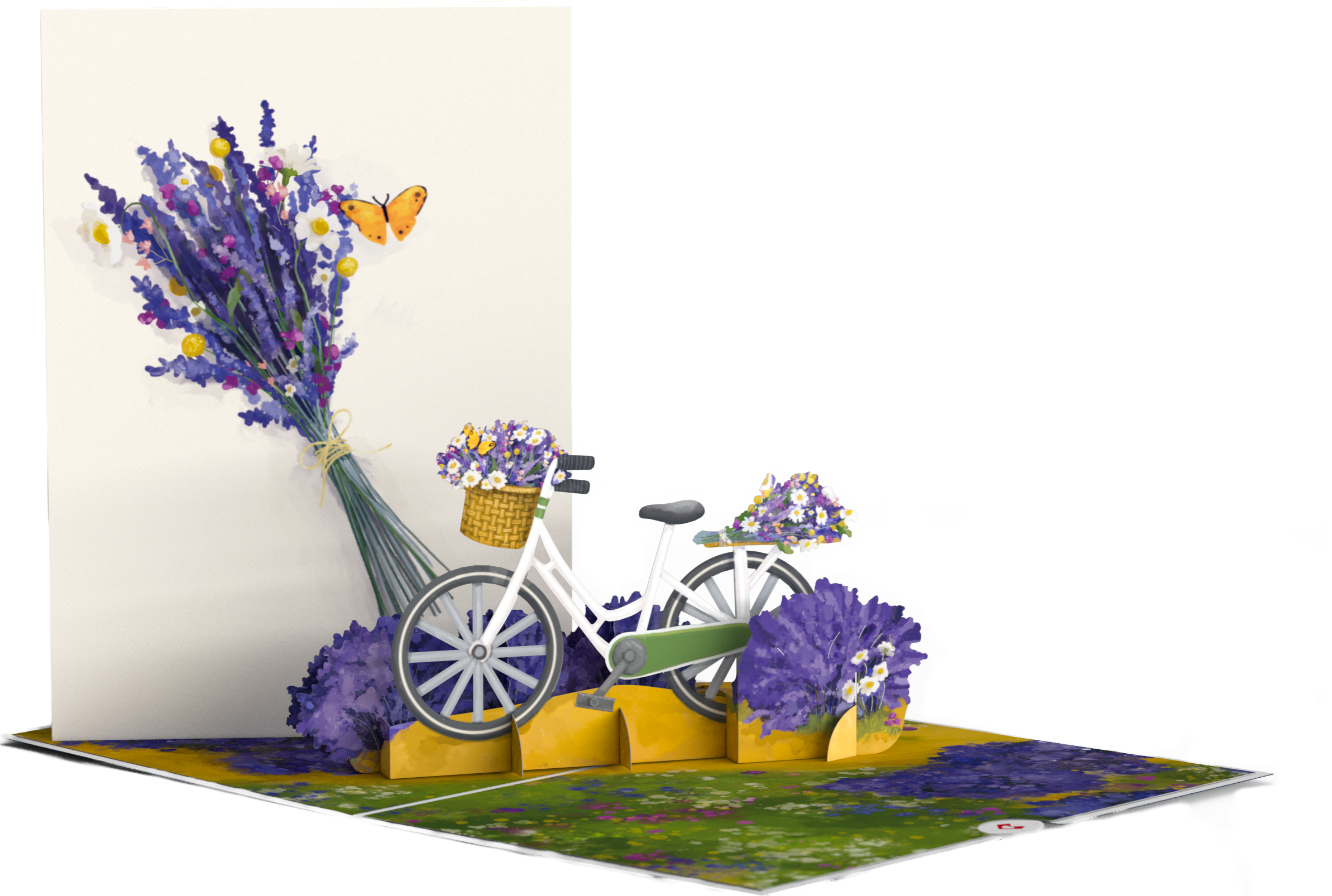 A 3D greeting card with a bicycle design, surrounded by purple and white flowers, including lavender and daisies, with some flowers in a basket on the bicycle and some in the background. The card is decorated with a floral scene, with a large bouquet of lavender and daisies on the left side and smaller floral arrangements on the bike.