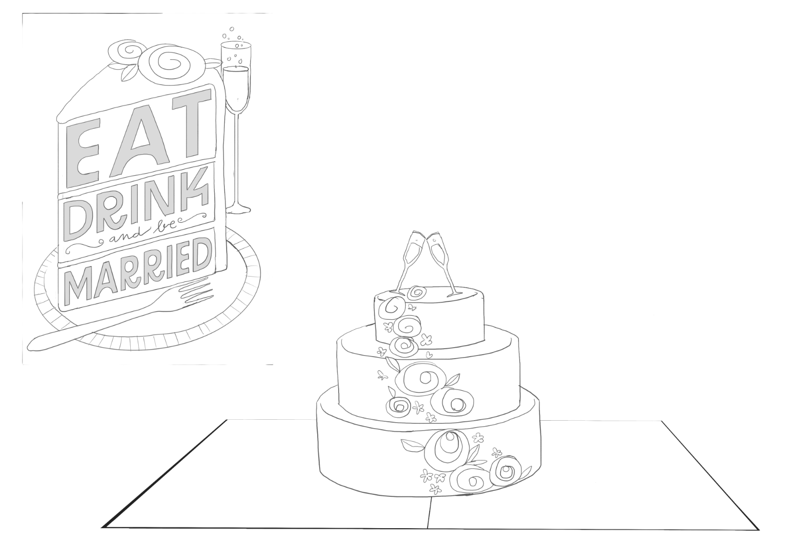 Line drawing of a three-tier wedding cake with floral decorations and two champagne glasses on top, placed on a table. To the left, the card cover reads 'Eat, Drink, and Be Married,' with a plate, fork, and a glass of champagne.