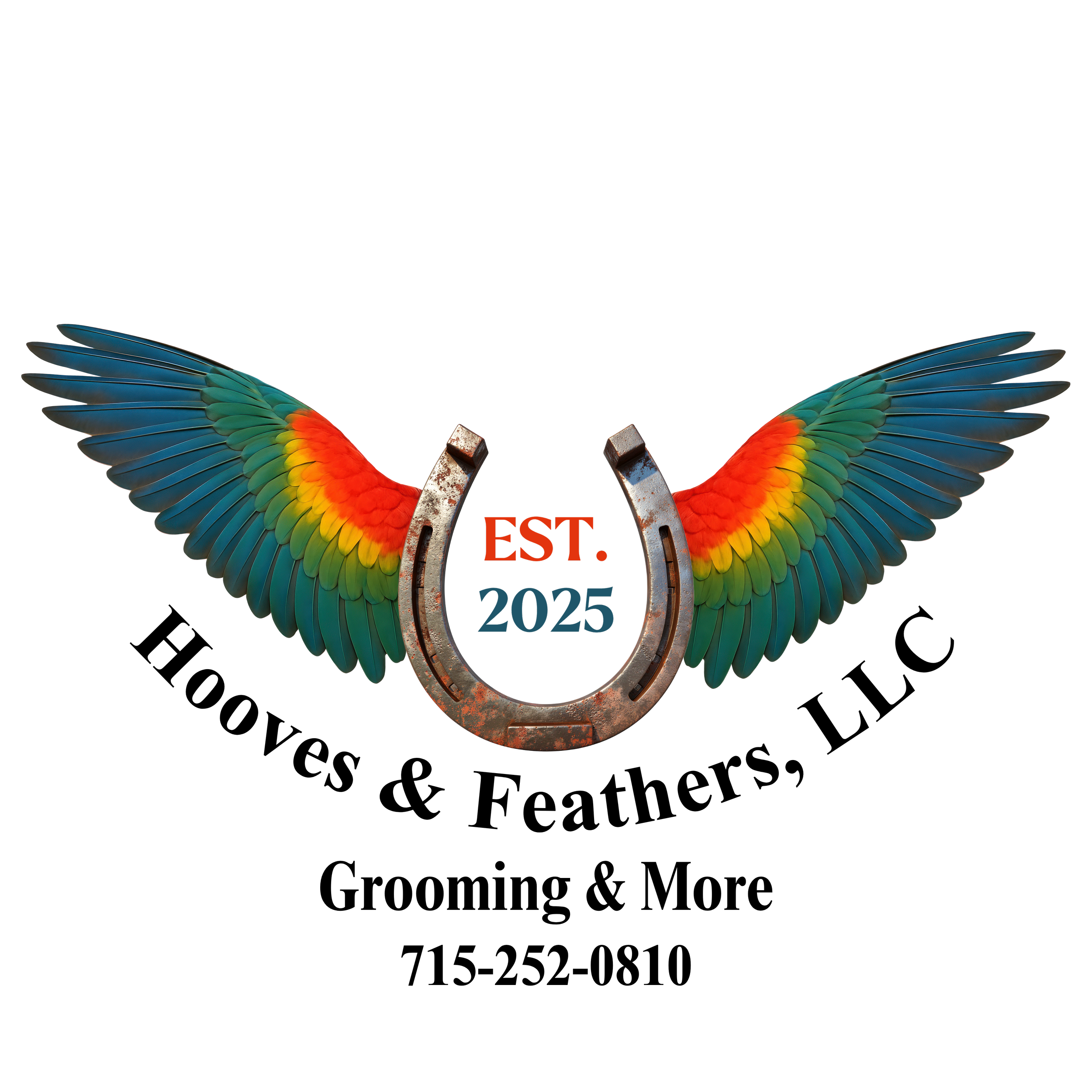 Colorful bird wings with a rustic horseshoe and the text 'EST. 2025' set against a black background.
