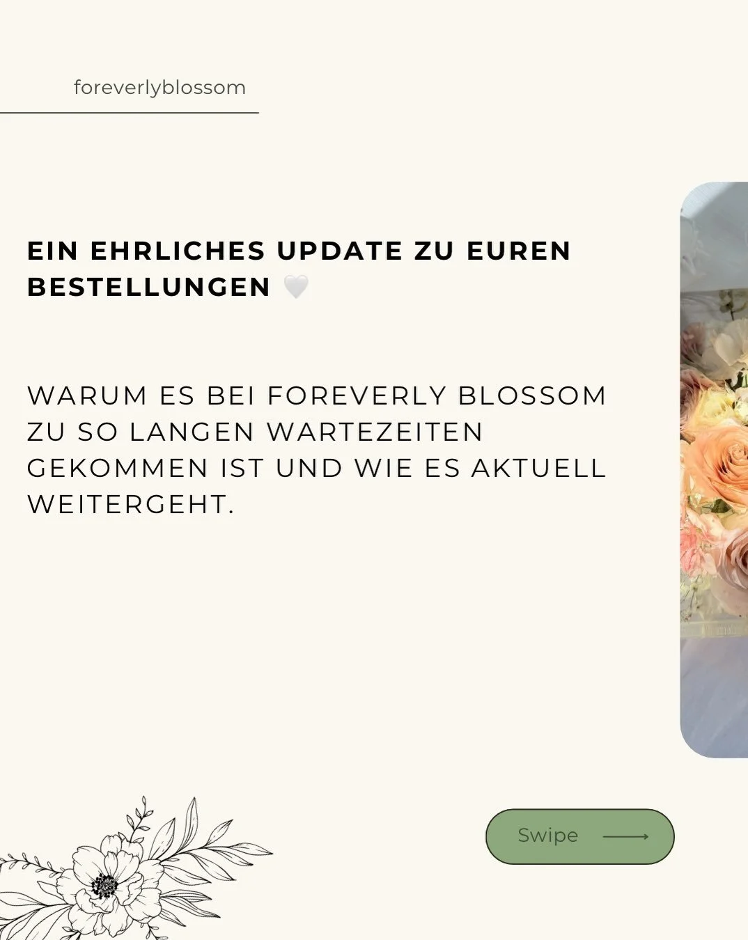 🤍 Ein ehrliches Update, weil mir Transparenz und ein respektvoller Umgang mit euch sehr wichtig sind.

Hinter Foreverly Blossom stehe ich allein und gebe mein Bestes, alle offenen Bestellungen trotz der unvorhersehbaren Lieferprobleme Schritt f&uuml