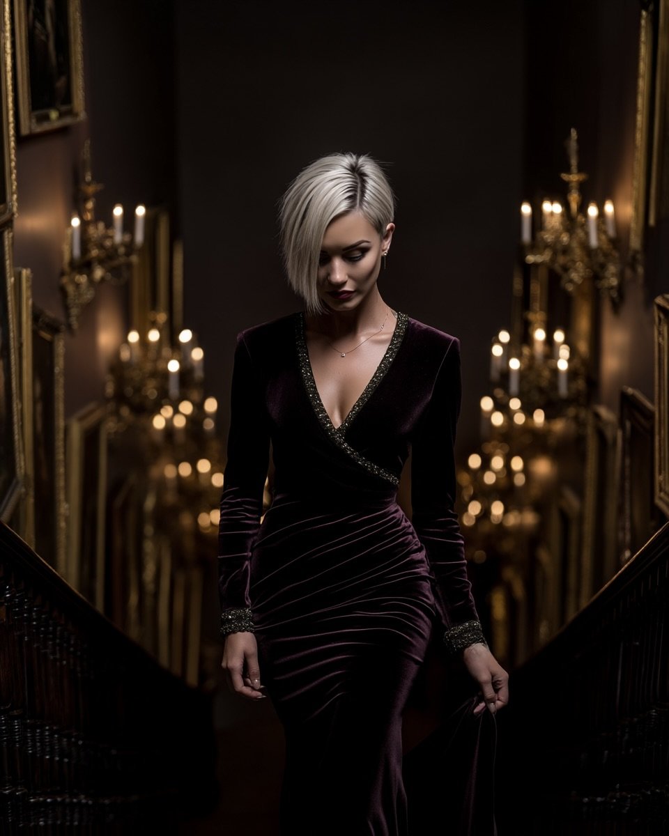 A woman with short blonde hair in a dark, elegant velvet dress walking down a staircase in a dimly lit room with chandeliers and framed pictures.