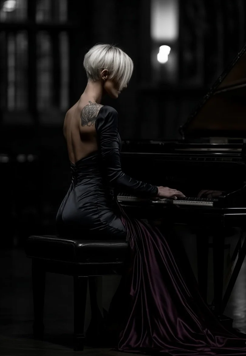 A woman with a short blonde hairstyle, wearing a black satin gown with long sleeves, is playing a grand piano in a dark room.