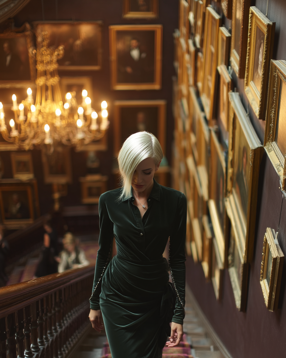 Anaïs Corvin wearing a black dress walking up a staircase in a gallery or mansion. The walls are decorated with numerous framed paintings, and a chandelier with lit candles is hanging from the ceiling.