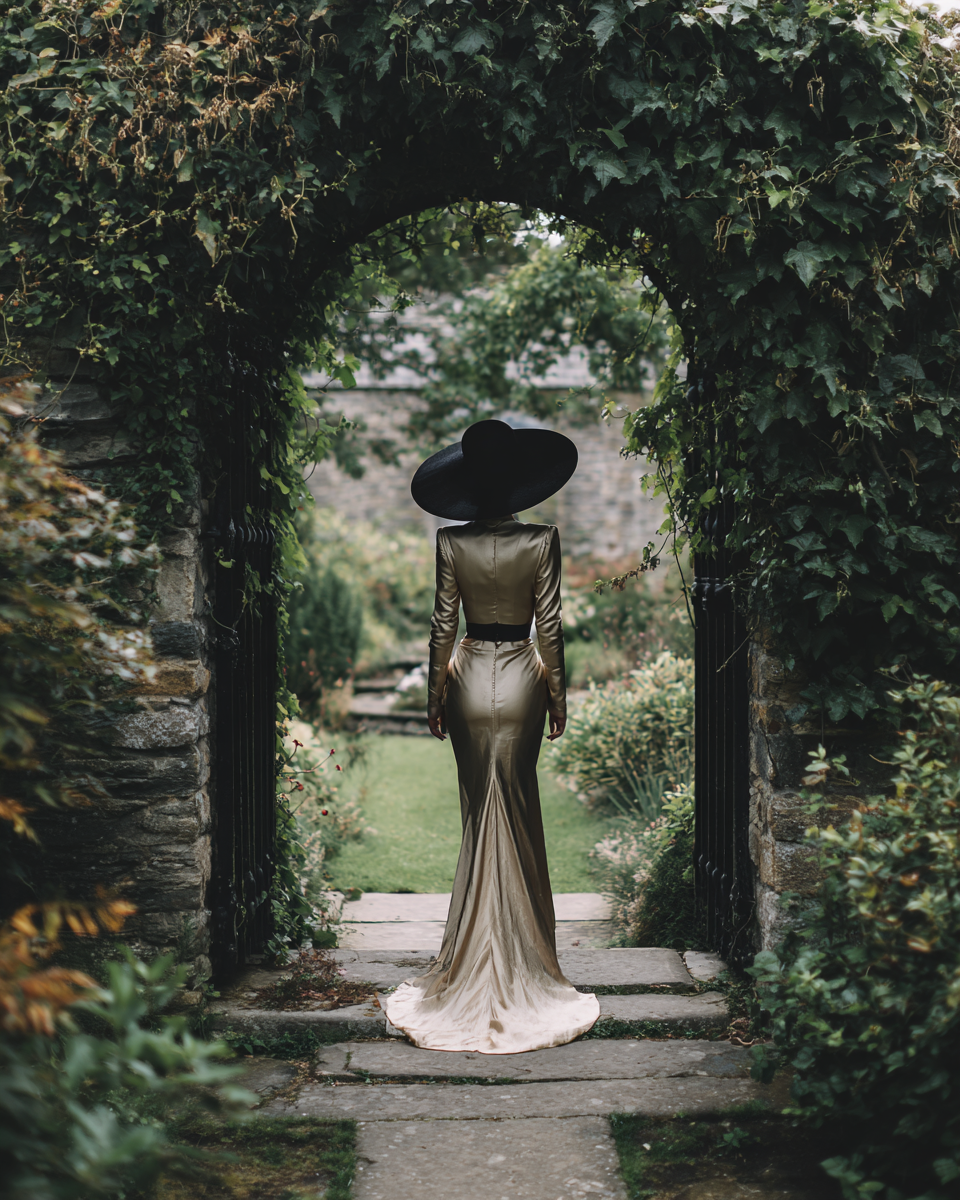 A woman in a long, shiny gold dress and a wide-brimmed black hat stands on a stone pathway under an archway covered in green ivy, facing away from the camera in a garden setting.