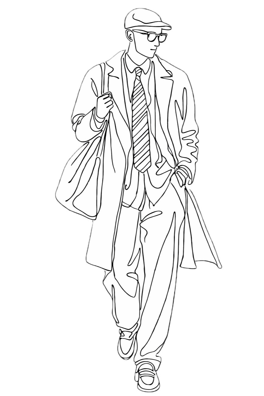 Line drawing of a young man wearing glasses, a cap, a long coat, dress shirt, tie, and bag, with one hand in his pocket and the other holding a strap of his bag.