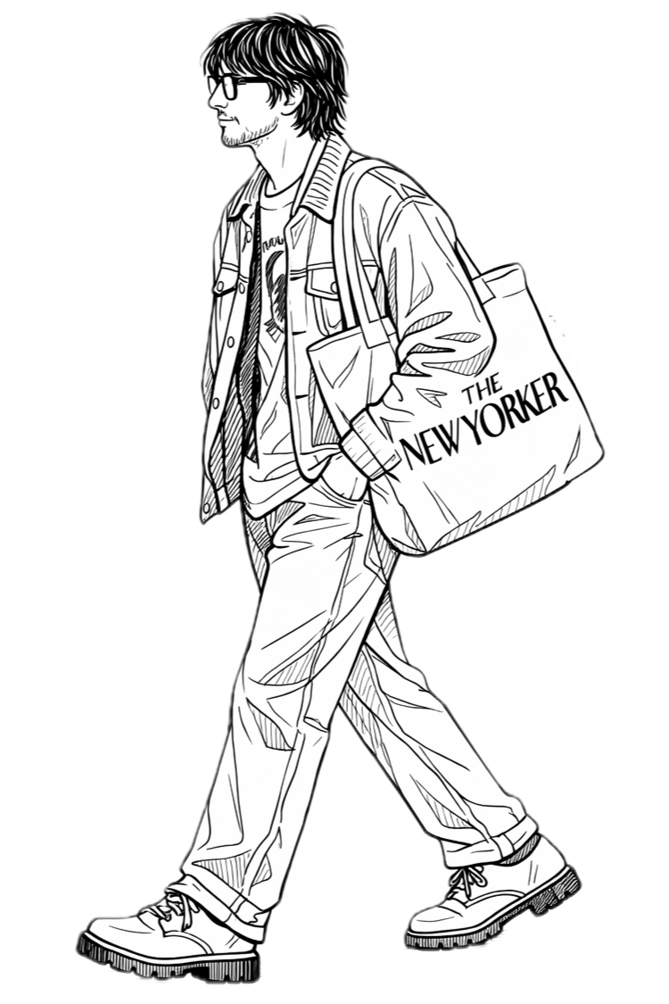 Line drawing of a man walking with a tote bag labeled 'The New Yorker', wearing glasses, with shoulder-length hair, denim jacket, t-shirt, pants, and sneakers.