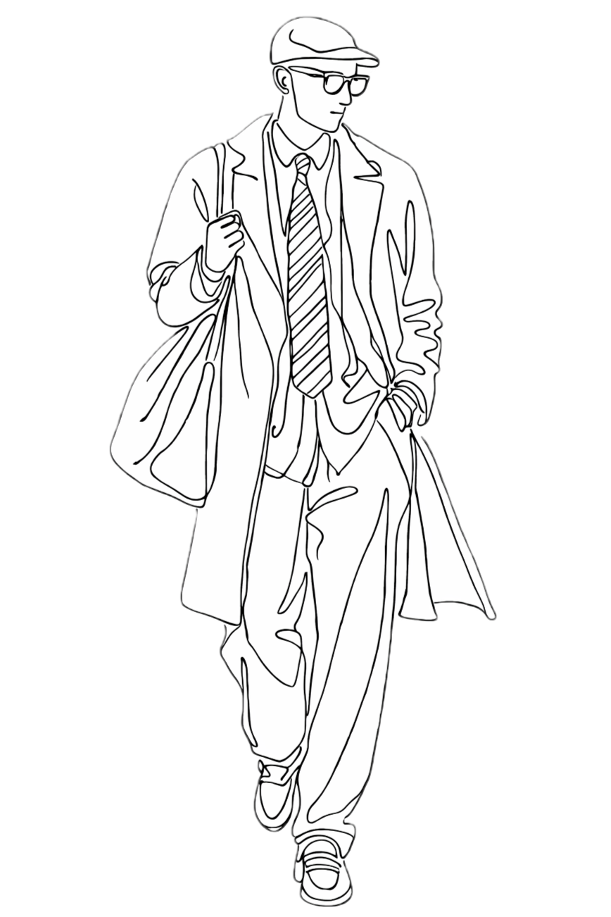 Line drawing of a man wearing a hat, glasses, a long coat, a suit with a striped tie, and sneakers. He is carrying a bag over his shoulder and has one hand in his pocket.