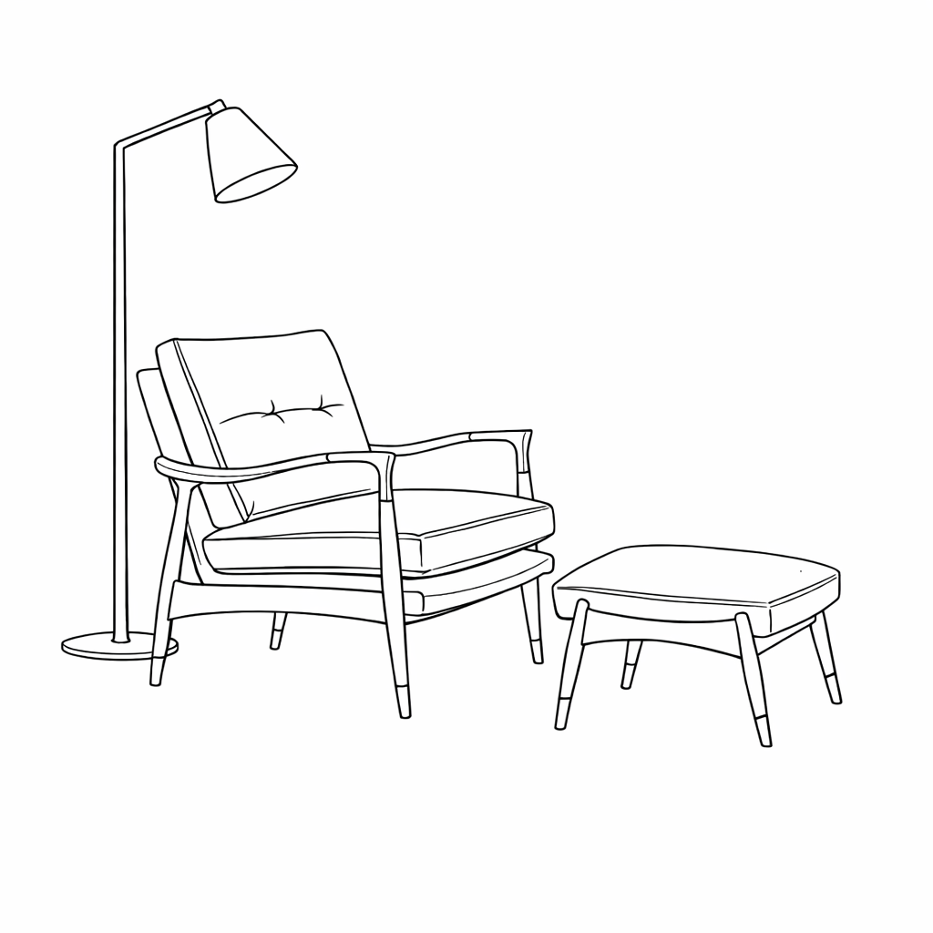 Line drawing of a modern armchair with a cushion, a matching ottoman, and a floor lamp beside them.