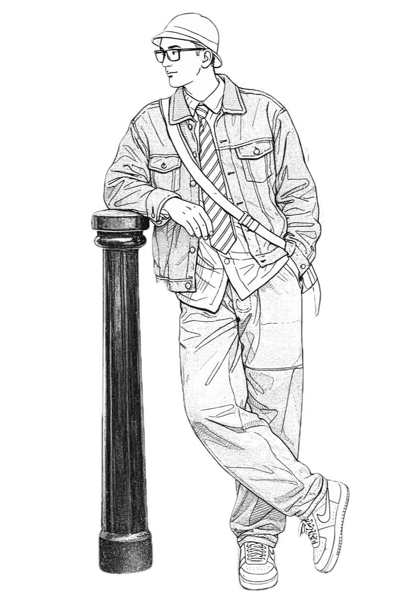 Line drawing of a young man leaning on a black lamp post, wearing a denim jacket, a striped tie, sneakers, glasses, a hat, and a shoulder bag, with his hands in his pockets.