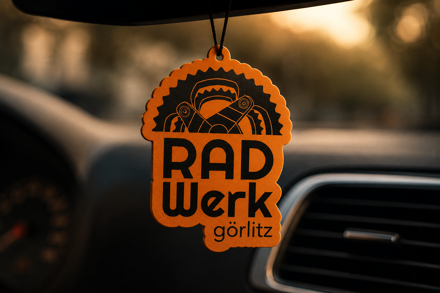 Ein hölzernes Schild mit dem Schriftzug "RAD WERK Görlitz" hängt an einem Auto. Das Schild zeigt eine Fahrradkette und ein Kettenblatt als Motive.