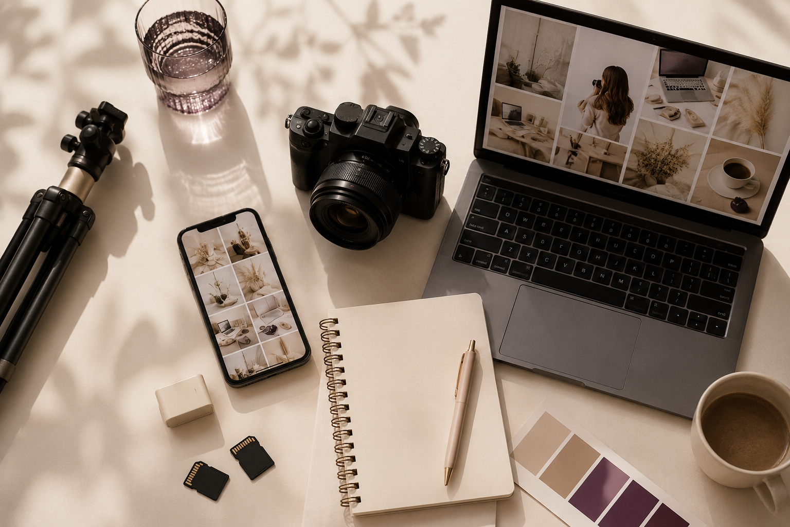 Arbeitsbereich mit Kamera, Smartphone, Laptop, Notizbuch, Stift, SD-Karten, USB-Stick, Notizblock, Tasse Kaffee, Fotokamera, Fernglas und Farbpaletten auf einem weißen Tisch.