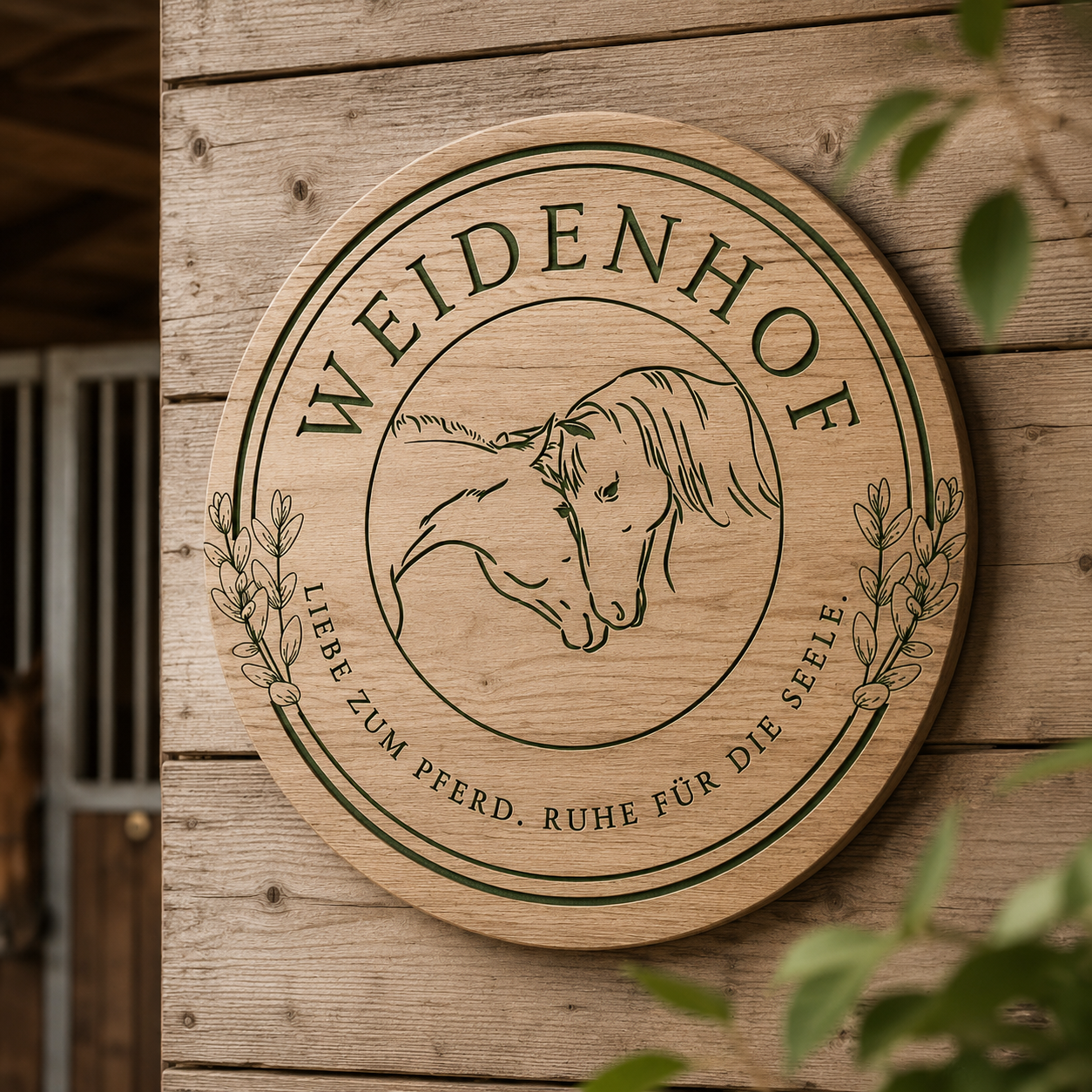 Rundes Holzschild mit einem Pferd für den Reiterhof 'Weidenhof', umgeben von Weidenblüten, auf einer Holzwand. 