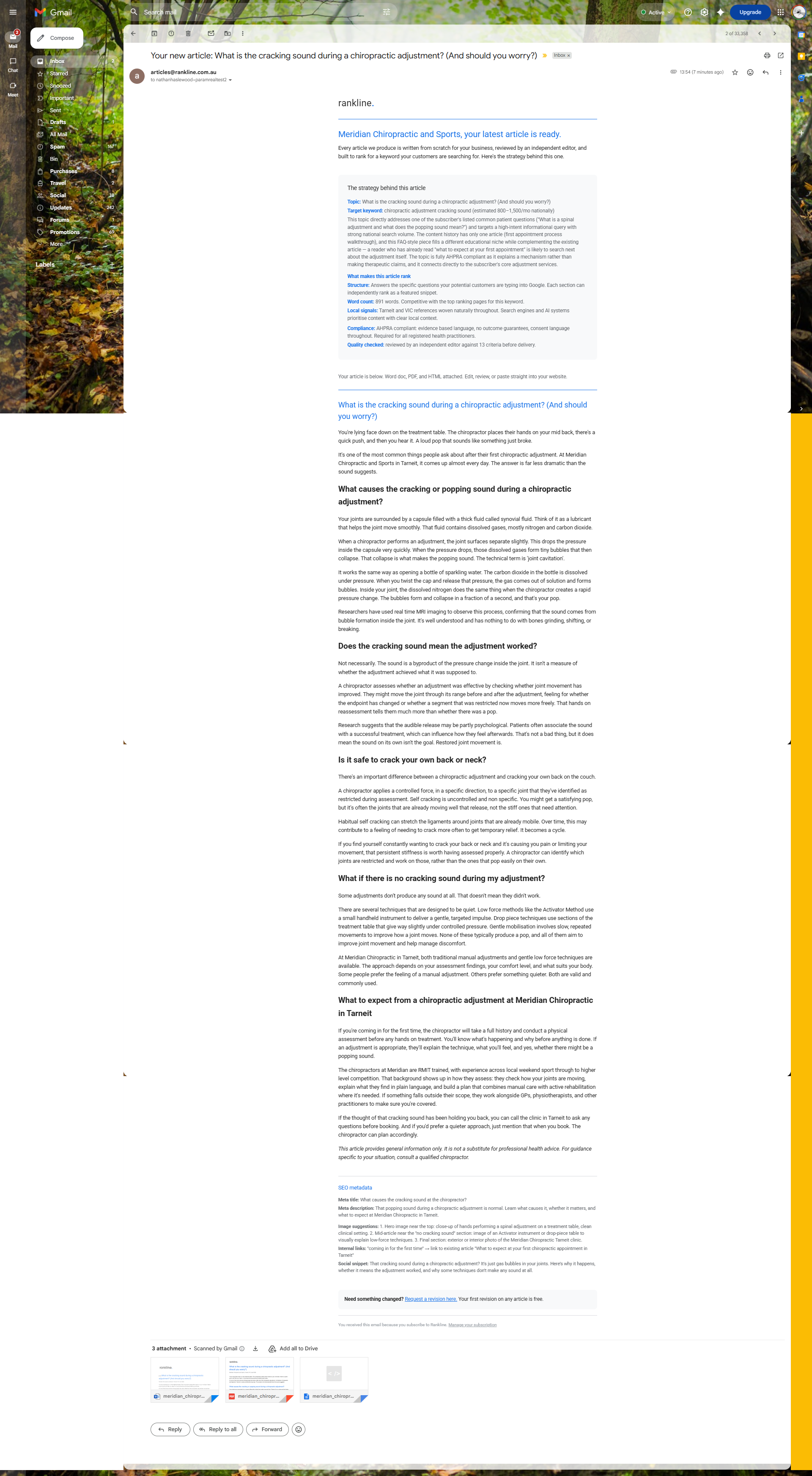 Screenshot of a Gmail email inbox open to an article about cracking sounds during chiropractic adjustments, with the email content displaying a detailed article and attached documents visible at the bottom, set against a background of a lush green forest.