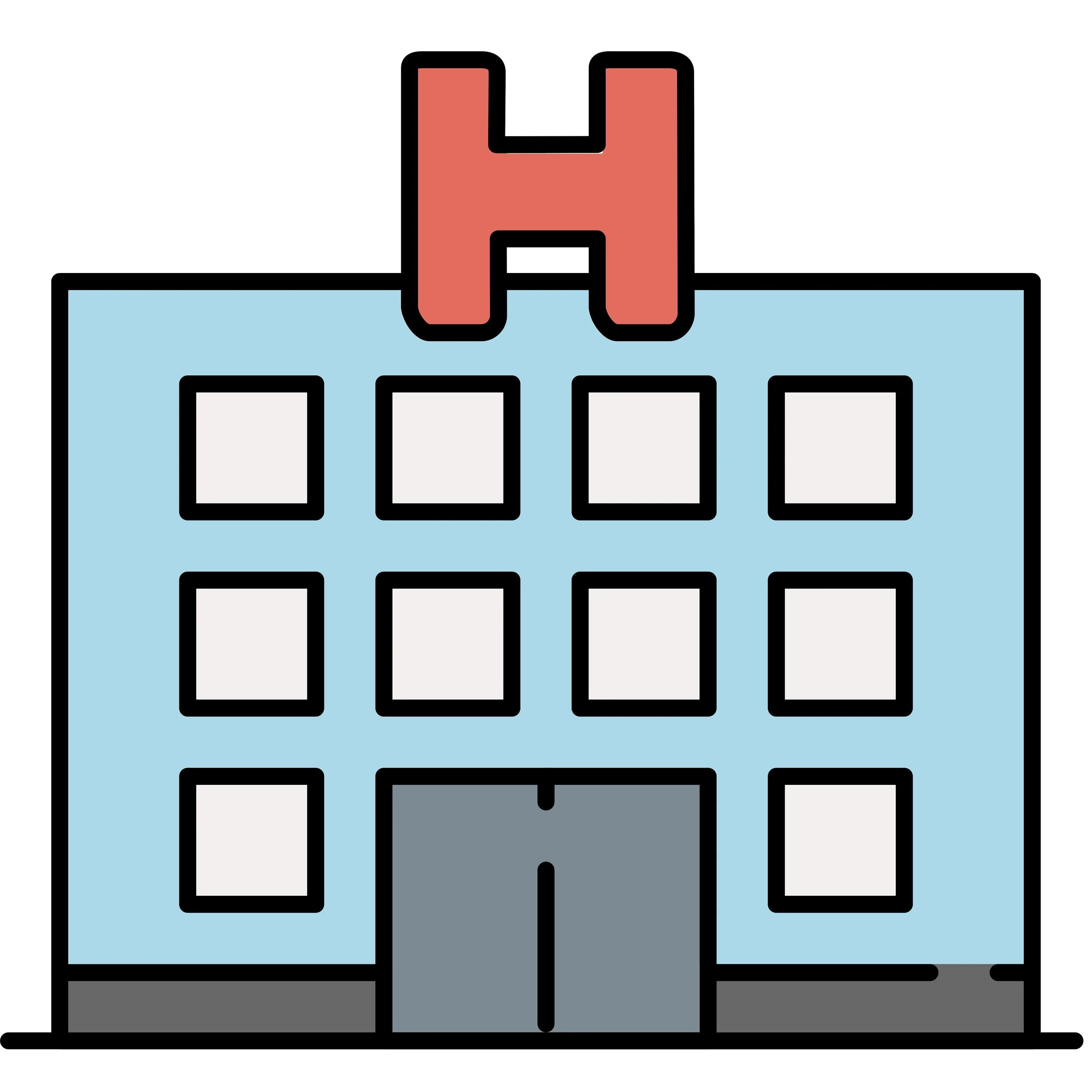 Gezicht van een modern gebouw met een rode letter H bovenaan, blauw gekleurde muren, zes ramen en een grote deur.