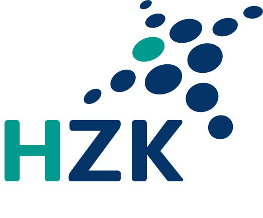 Logo met de letters HZK en blauwe en groene bollen.