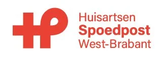 Logo van Huisartsen Spoedpost West-Brabant met een rode kruis en tekst.