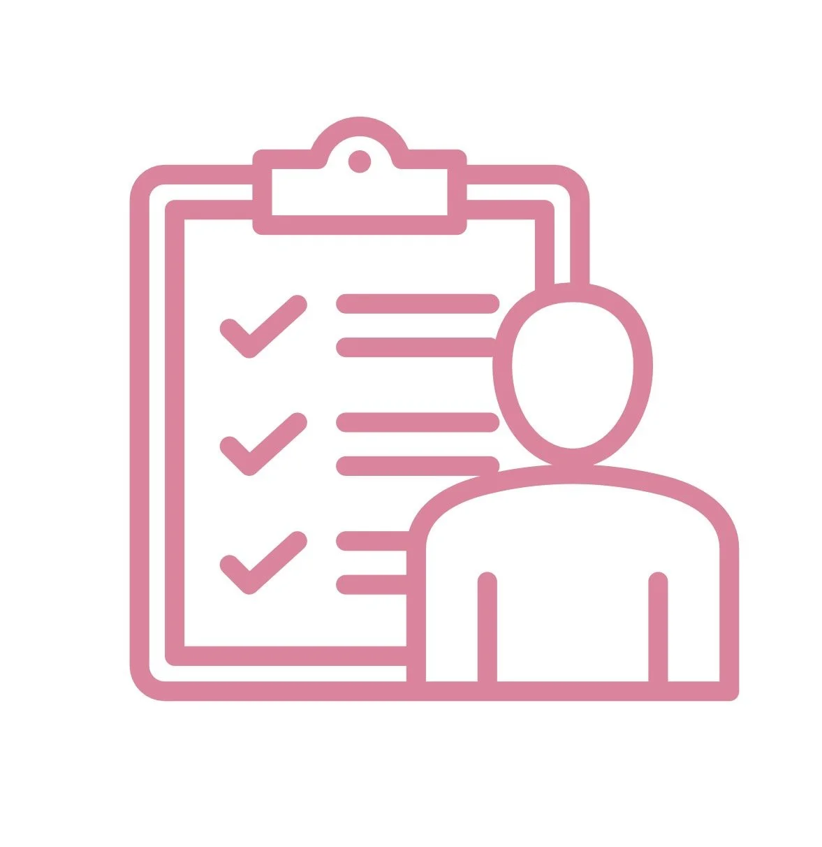 Een gestileerde afbeelding van een persoon en een checklist op een clipboard, in roze lijnen.