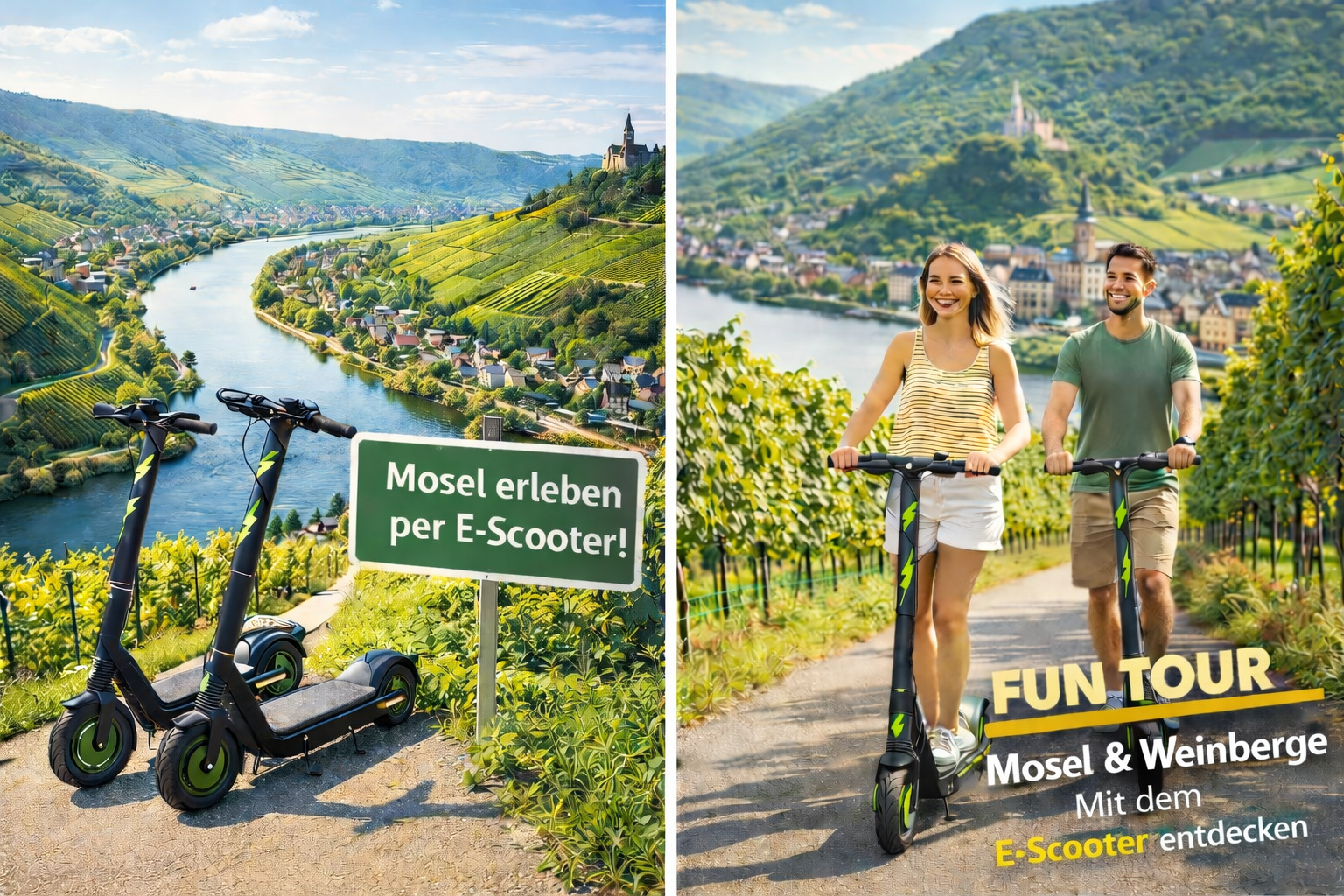 Links: E-Scooter vor einer malerischen Flusslandschaft mit Weinbergen und Häusern, Schild mit dem Text 'Mosel erleben per E-Scooter!'. Rechts: Zwei Personen mit E-Scooter auf einer Weinbergstraße, lachend und die Weinberge im Hintergrund, mit Text 'FUN TOUR Mosel & Weinberge Mit dem E-Scooter entdecken'.