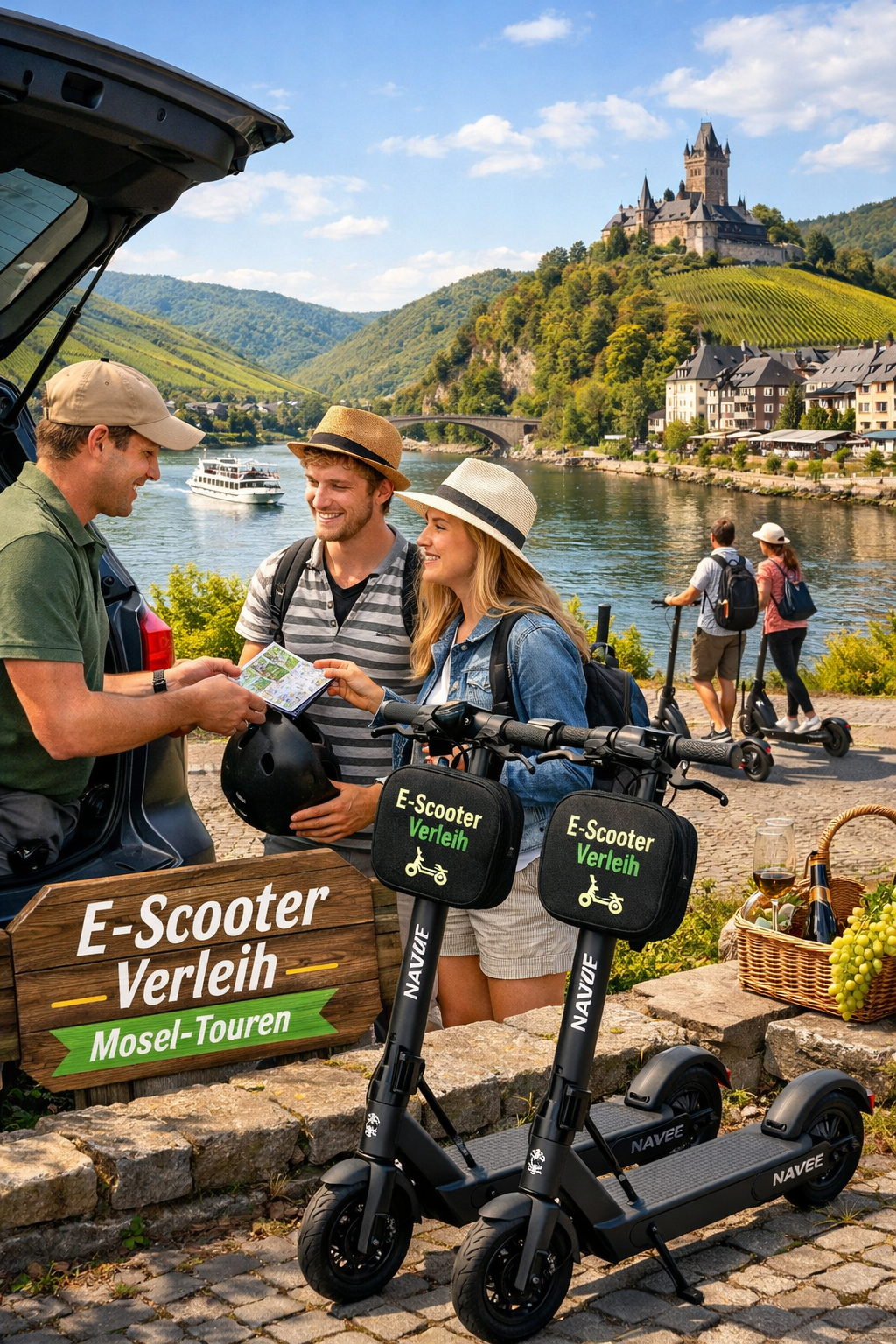 Vier junge Menschen kaufen E-Scooter am Flussufer in einer malerischen Stadt mit Schloss auf dem Hügel im Hintergrund, während andere unterwegs sind, mit Wein und Essen im Korb neben den Scootern.