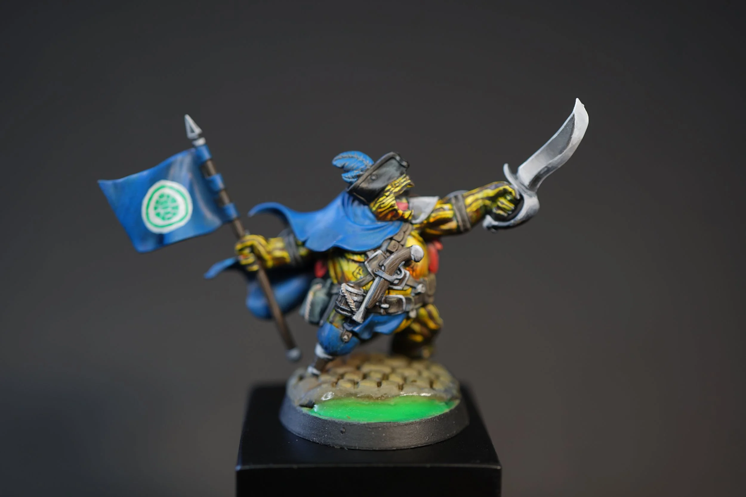 Miniature figurine of a turtlefolk pirate with yellow skin, blue cape, and eye patch, wielding a curved sword and holding a blue flag with a green emblem, standing on a textured base.